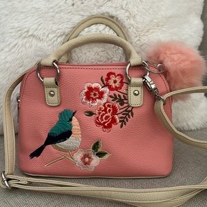 Hannah Banana Pink Leather Purse with Embroidered Bird and Flowers & Pom Pom